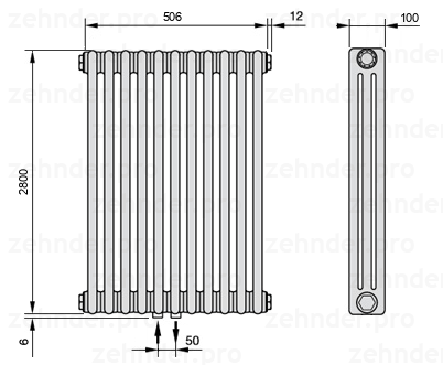 Схема (чертеж) Радиатор Zehnder Charleston 3280/11 №3470 Белый глянцевый RAL 9016